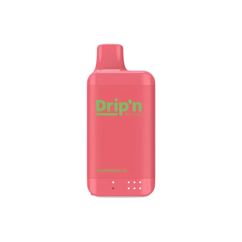 Watermelon Ice Envi Drip'n 8ml Vape in red with green logo. Refreshing disposable vape with 16,000 puff capacity in the tobacco products category.