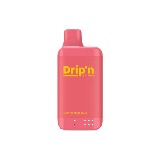 Envi Drip'n 8ml Vape in Electric Fruit Blast flavor with bold red body and yellow branding. High-capacity disposable vape with 16,000 puffs.