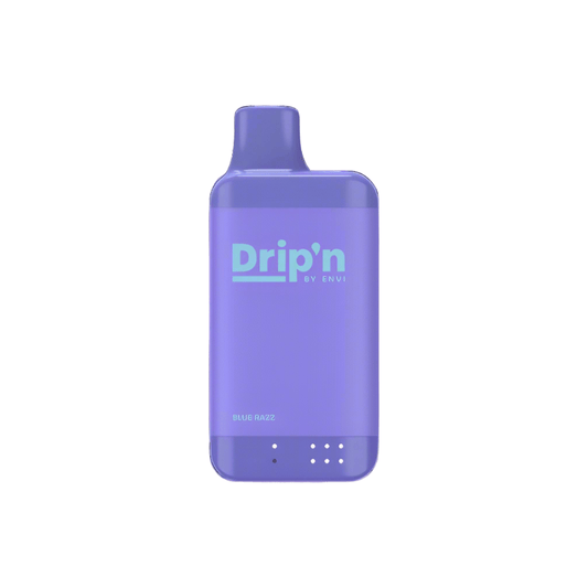 Envi Drip'n 8ml Vape in Blue Razz flavor with sleek purple design, offering up to 16,000 puffs. Ideal for disposable vape users on Vape on YEG.