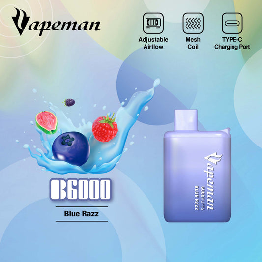 Vapeman - B6000 - Blue Razz -  Disposable Vape Device - Salt Nicotine 