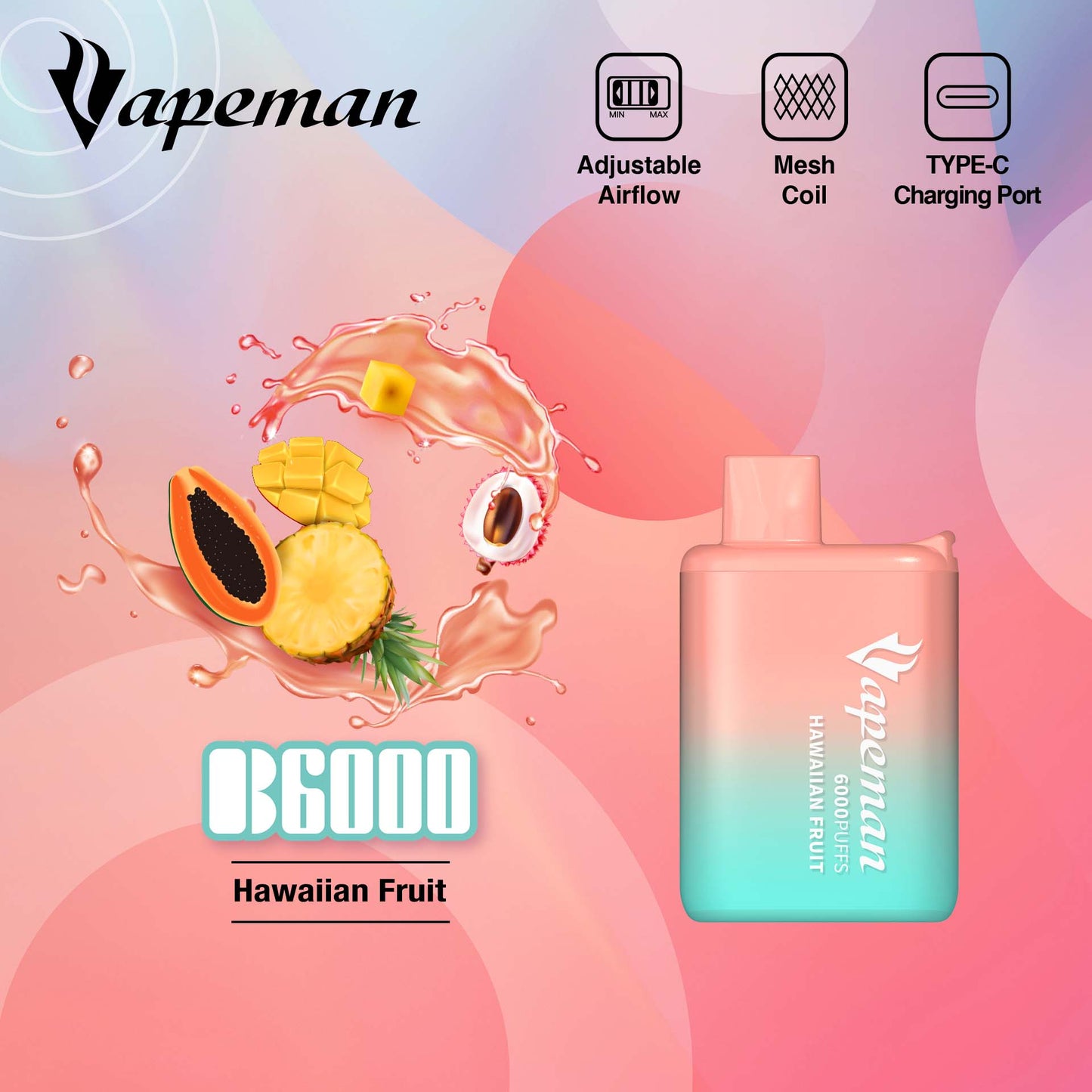 Vapeman - B6000 - Hawaiian Fruit -  Disposable Vape Device - Salt Nicotine 