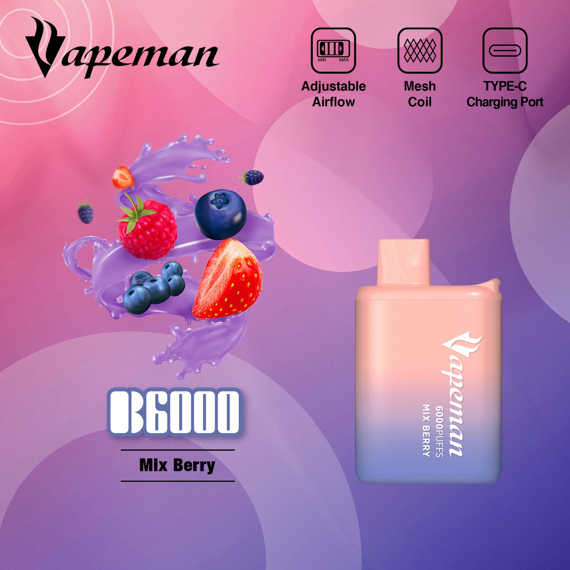 Vapeman - B6000 - Mix Berry -  Disposable Vape Device - Salt Nicotine 