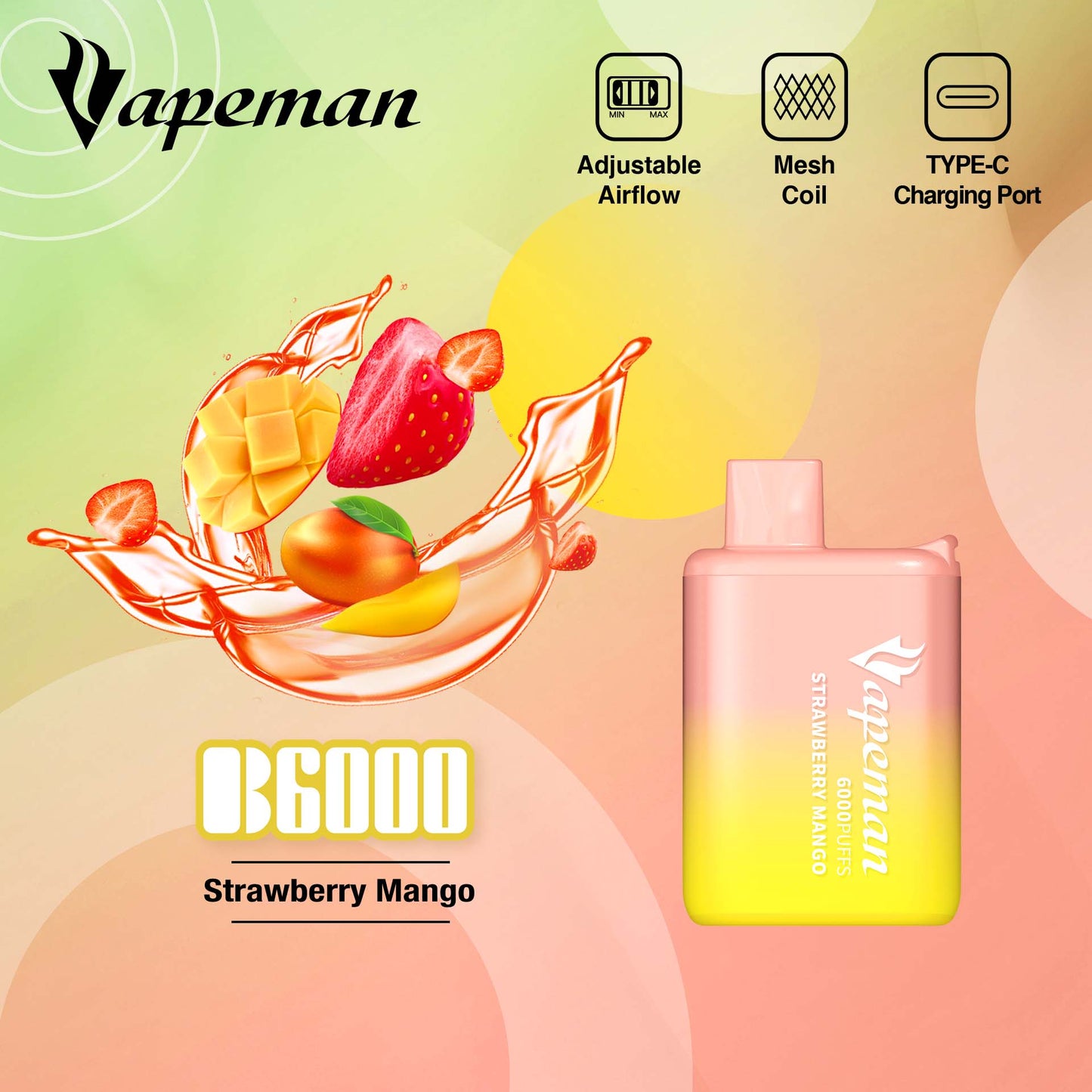 Vapeman - B6000 - Strawberry Mango -  Disposable Vape Device - Salt Nicotine 