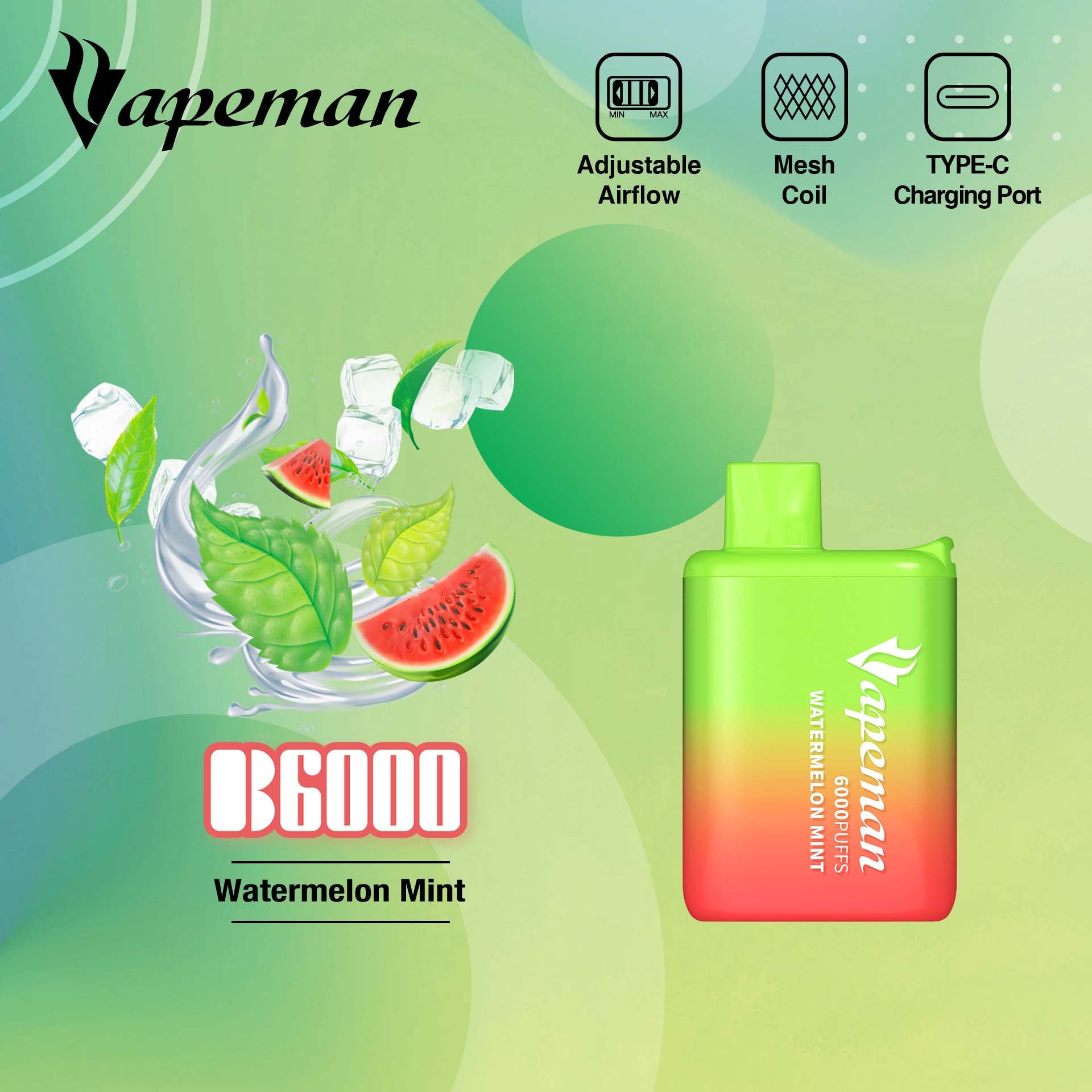 Vapeman - B6000 - Watermelon Mint -  Disposable Vape Device - Salt Nicotine 